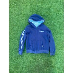 Lucky Brand Full Zip Hoodie Sherpa Lined Graphic Blue Kids Size M 10/12